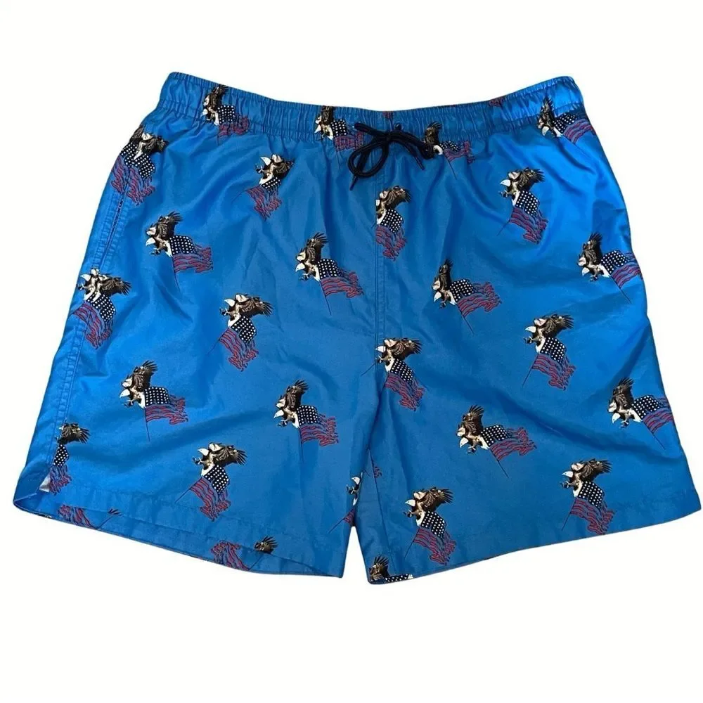 NEW! Wave Zone Blue Swim Shorts with Patriotic Eagle and Flag. NWOT. Men’s L